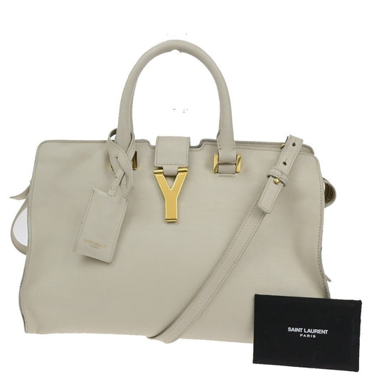 SAINT LAURENT Y Logo Cabas 2 Way Shoulder Hand Bag Leather Ivory Gold 73FA187