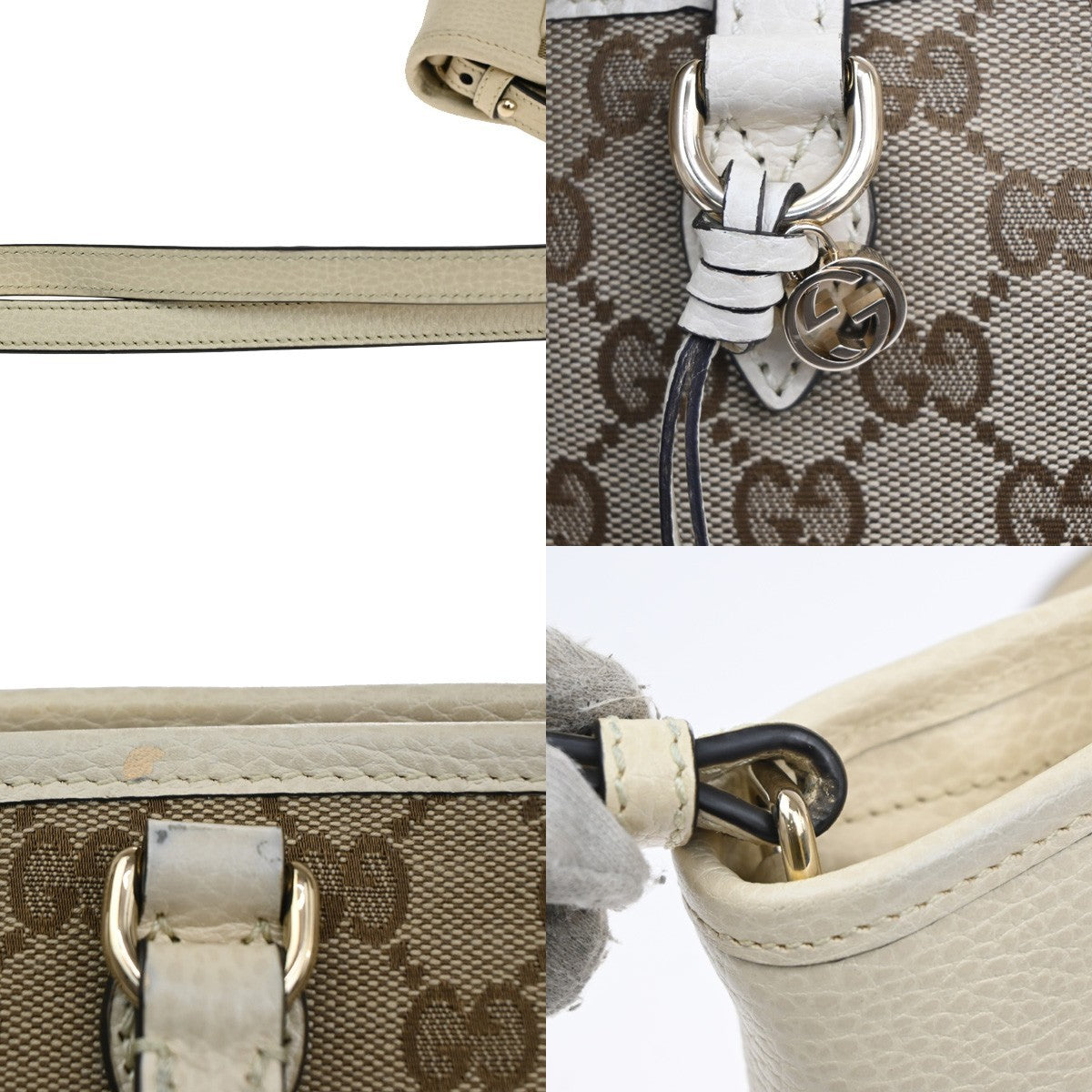 GUCCI GG Logo 2way Shoulder Handbag Canvas Leather Beige White GHW Italy 93KC202