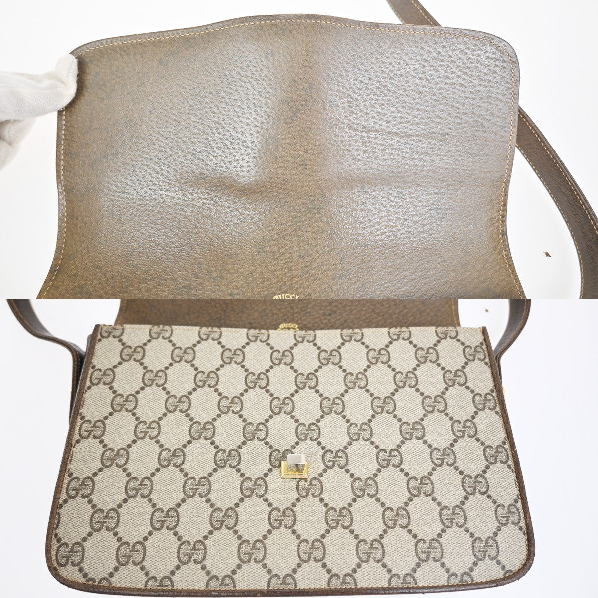 GUCCI Logo GG Pattern Sherry Flap Shoulder Bag PVC Leather Brown GHW 67KC907
