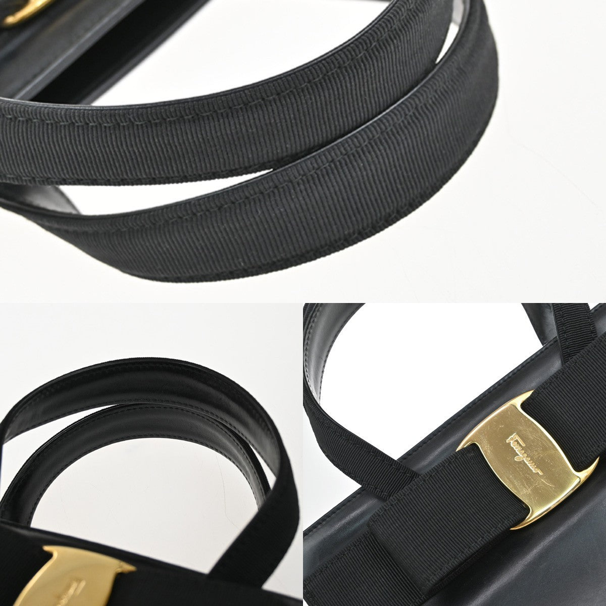 SALVATORE FERRAGAMO Logo Vara Hand Bag Canvas Leather Black Gold Italy 67KB455