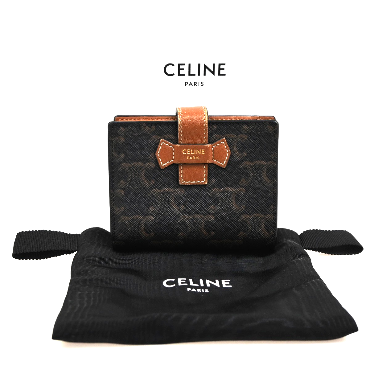 CELINE Strap Bifold Wallet Purse Triomphe Canvas Leather Brown BK Italy 65KC629