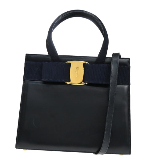 SALVATORE FERRAGAMO Vara Hand Bag Canvas Leather Navy Blue GHW Italy 37KA785