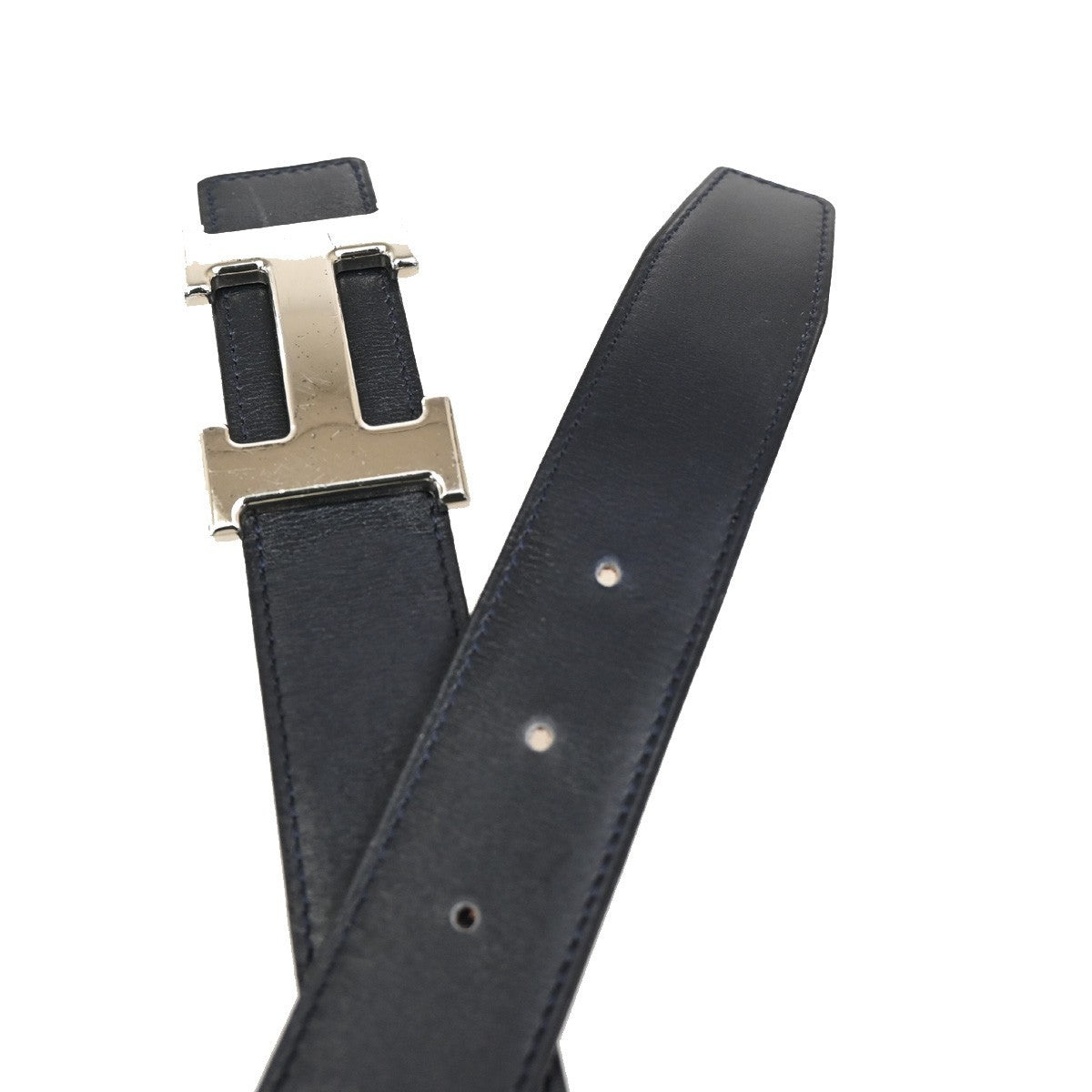 HERMES H Logo Constance Reversible Buckle Belt Leather #65 Blue White 70RL780
