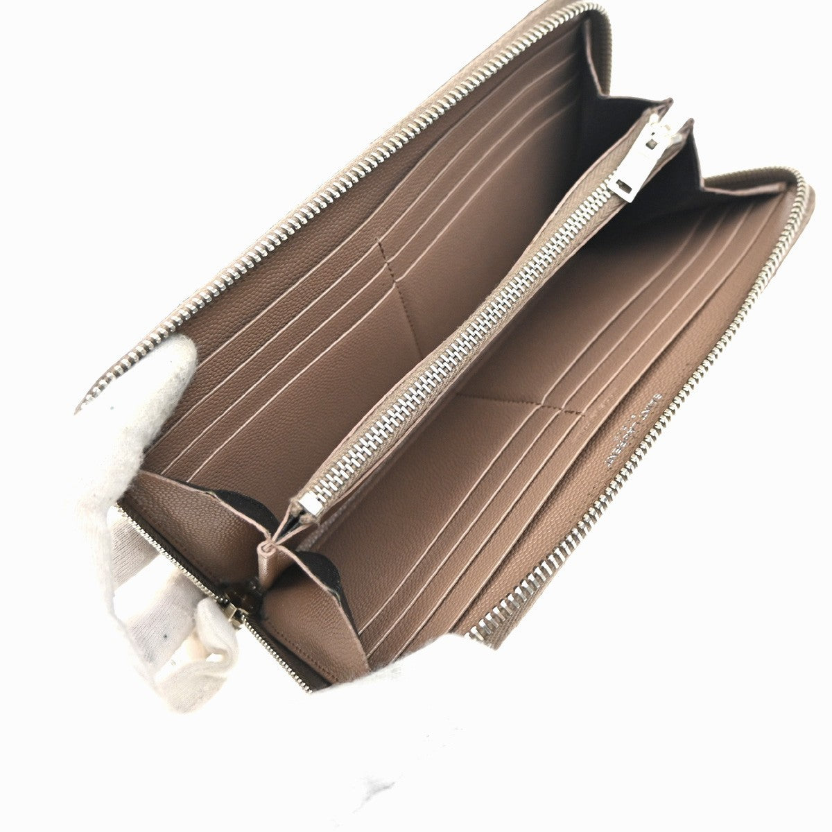 SAINT LAURENT YSL Logo Zipper Around Long Wallet Leather Beige SHW 64KP337