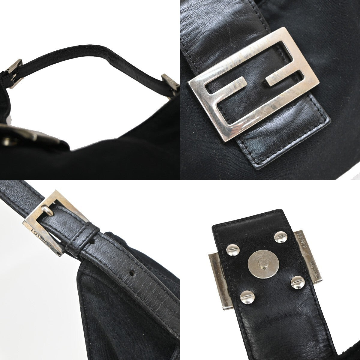 FENDI Logo Hand Bag Canvas Leather Black SHW Made in Italy 80EE527