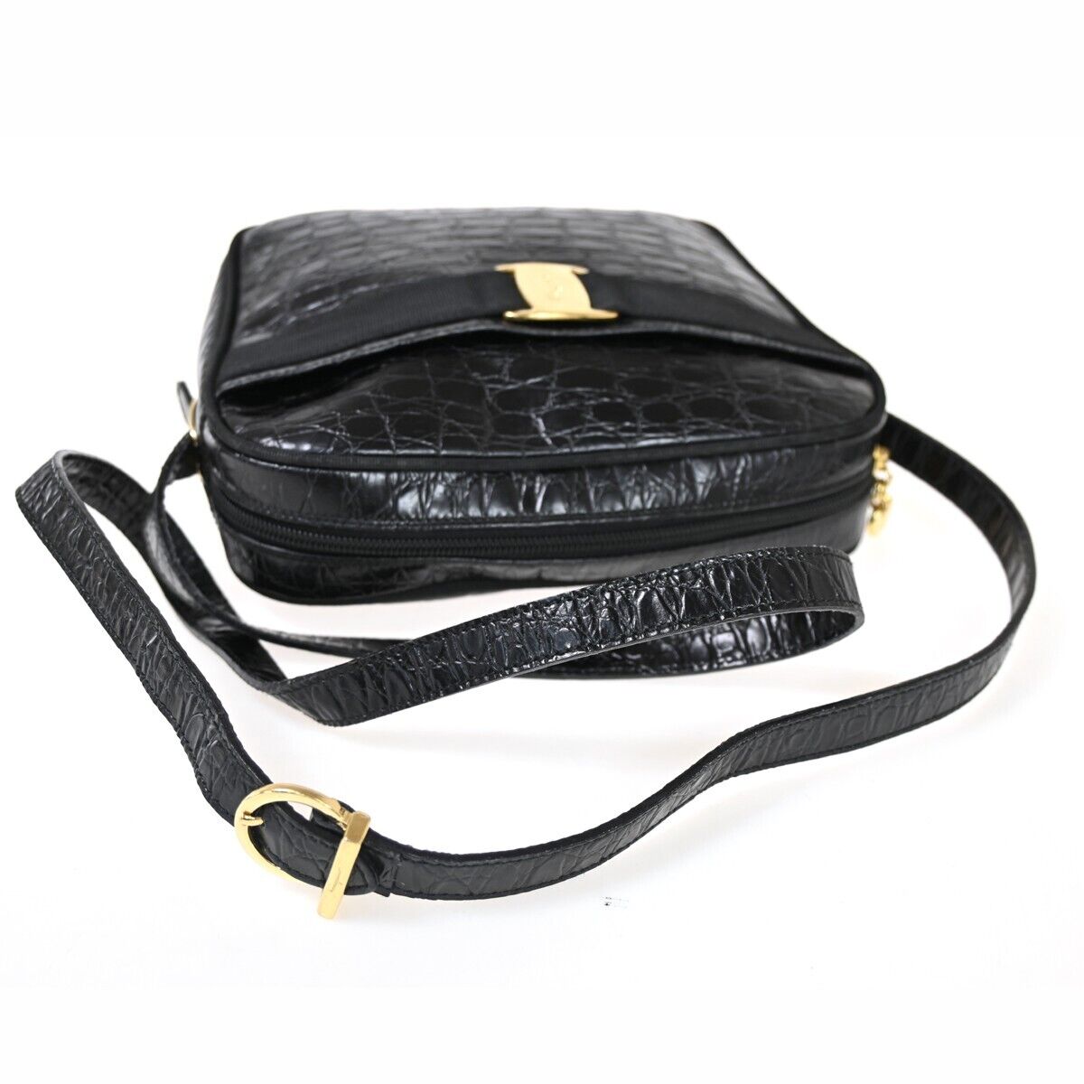 SALVATORE FERRAGAMO Vara Crossbody Shoulder Bag Embossing Leather Black 61SH200