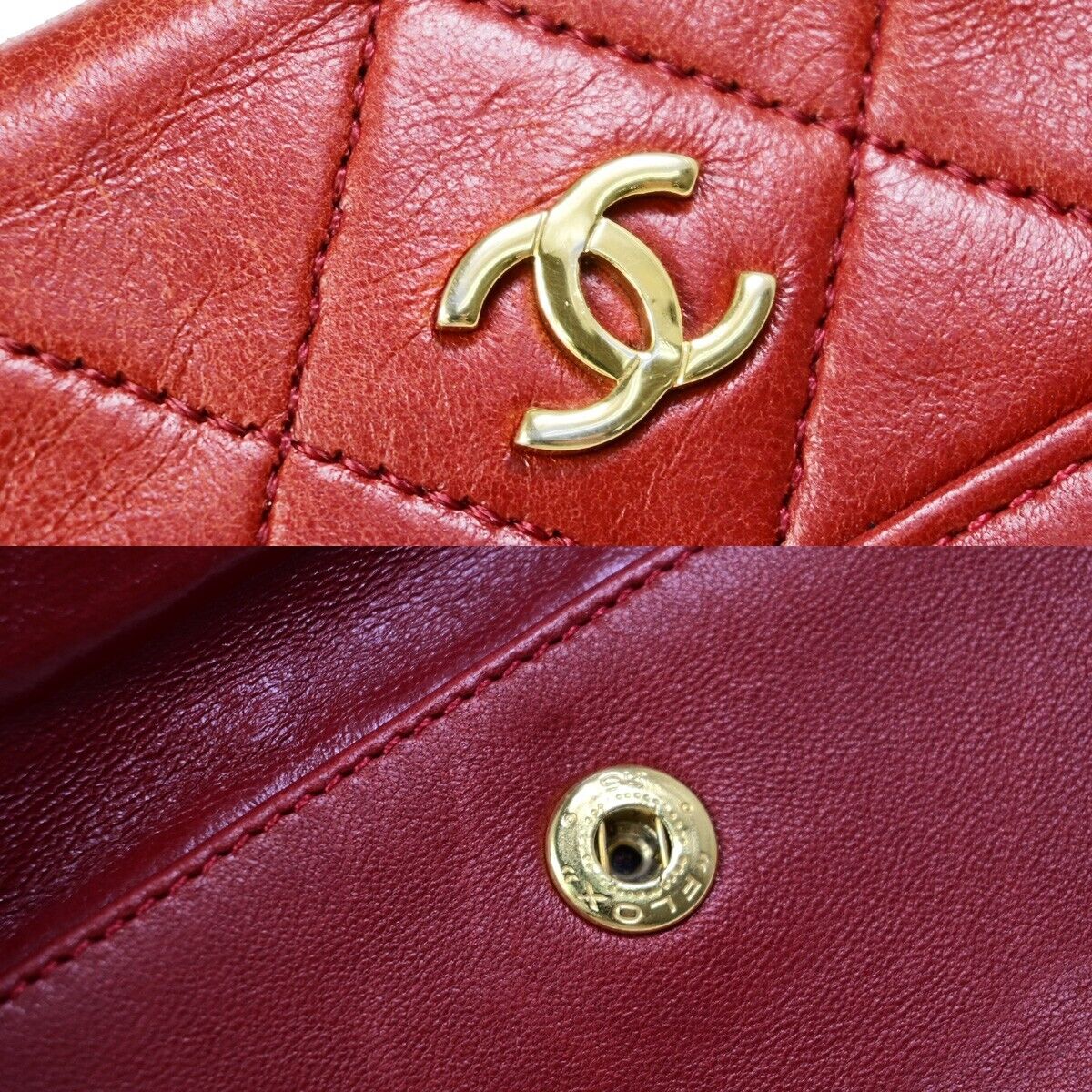 CHANEL CC Logo Matelasse Mini Pouch Wallet Coin Case Leather Red Gold 62EB230