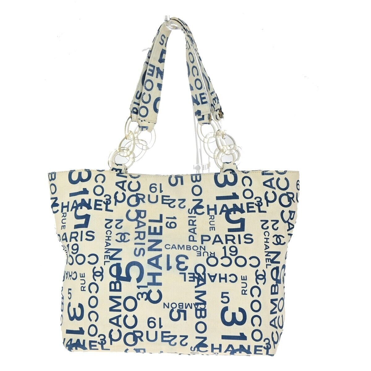 CHANEL Logo By Sea Shoulder Tote Bag Canvas Leather White Blue Italy 85EC913