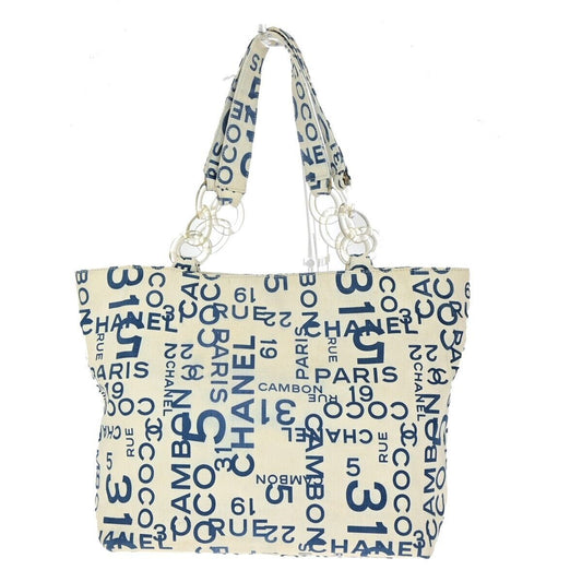 CHANEL Logo By Sea Shoulder Tote Bag Canvas Leather White Blue Italy 85EC913