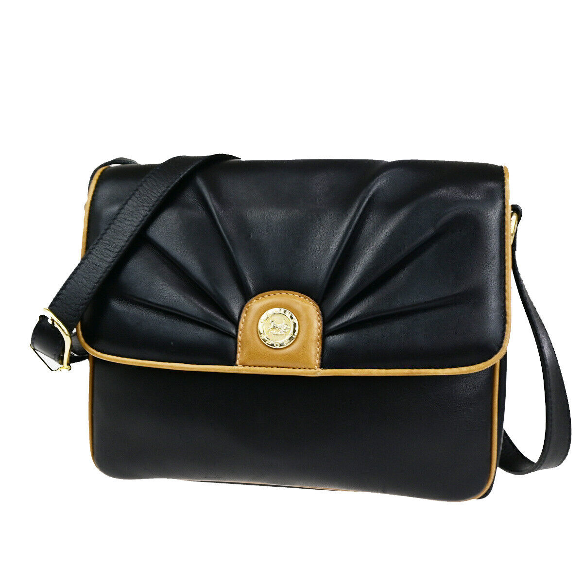 CELINE Logo Horse Carriage Shoulder Bag Leather Black GHW Italy 37YG546