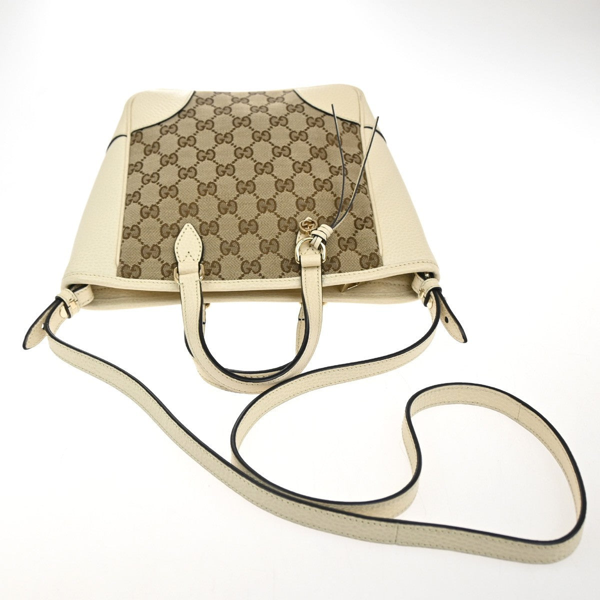 GUCCI GG Logo 2way Shoulder Handbag Canvas Leather Beige White GHW Italy 93KC202
