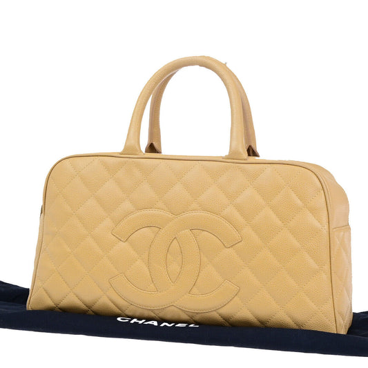 CHANEL CC Logo Matelasse Travel Hand Bag Caviar Skin Leather Beige GHW 307RJ952