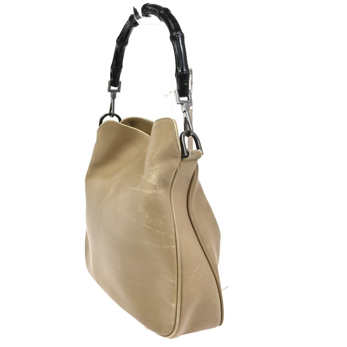 GUCCI Logo Bamboo 2Way Shoulder Hand Bag Leather Beige Italy SHW 68KC961