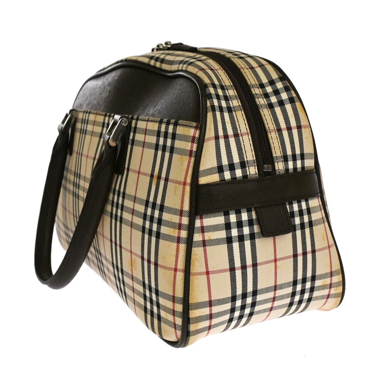 BURBERRY Logo Nova Check Hand Bag Canvas Leather Beige Brown Silver 63HB067