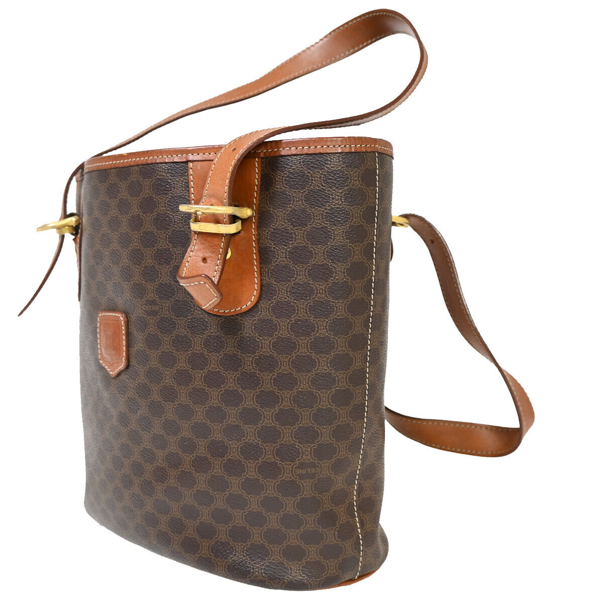 CELINE Logo Macadam Pattern Shoulder Tote Bag PVC Leather Brown GHW 33YE326