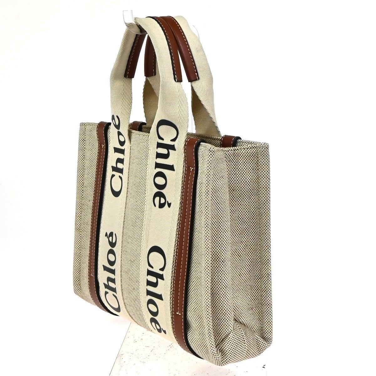 CHLOE Logo Woody Small Hand Tote Bag Canvas Leather Beige Brown Italy 77RQ021
