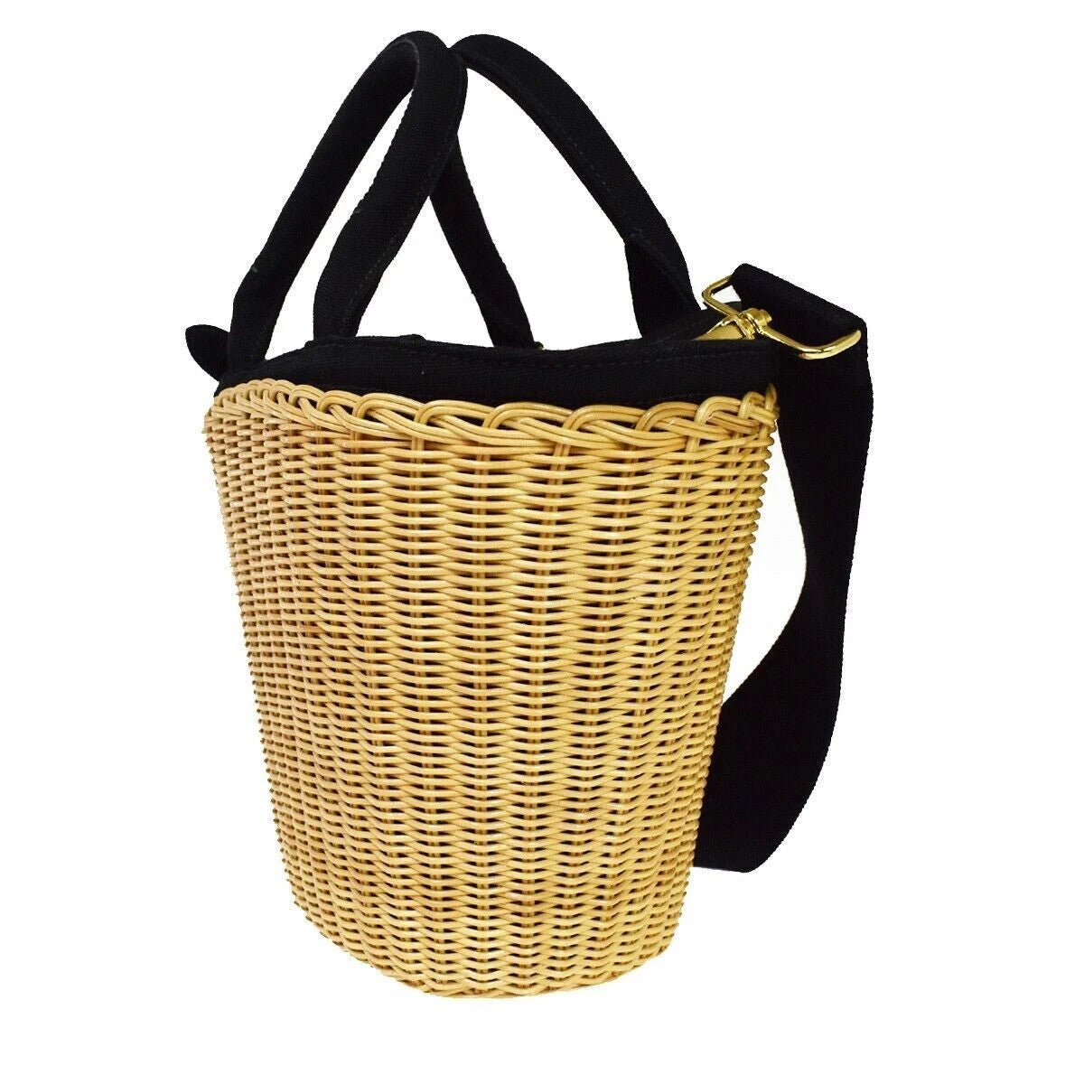 53.Live PRADA Midollino Wicker 2Way Shoulder Hand Bag Canvas Leather BK 631RH131