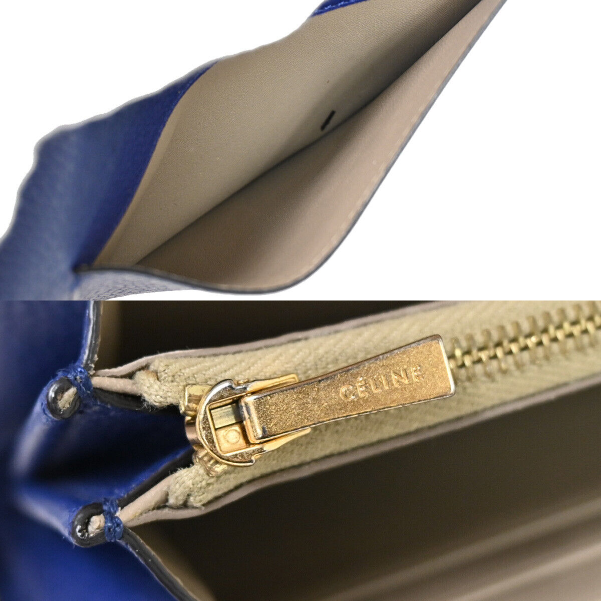CELINE Logo Large Flap Long Bifold Wallet Purse Leather Blue Italy 01YB373