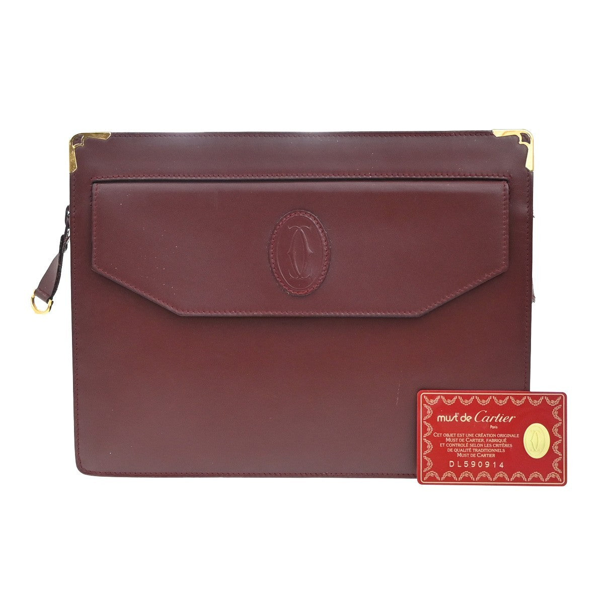 Must De Cartier 2C Clutch Hand Bag Leather Red Gold-Plated 01EF966