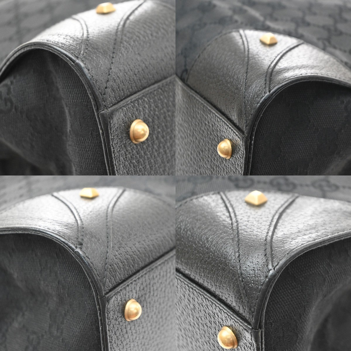 Gucci GG  Pattern Nailhead Tote Hand Bag Black Canvas Leather Italy 84SA156
