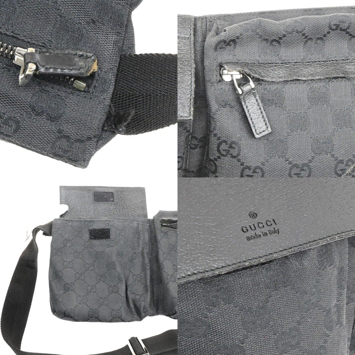GUCCI Logo GG Pattern Bum Bag Belt Canvas Leather Black Silver Italy 33EE093
