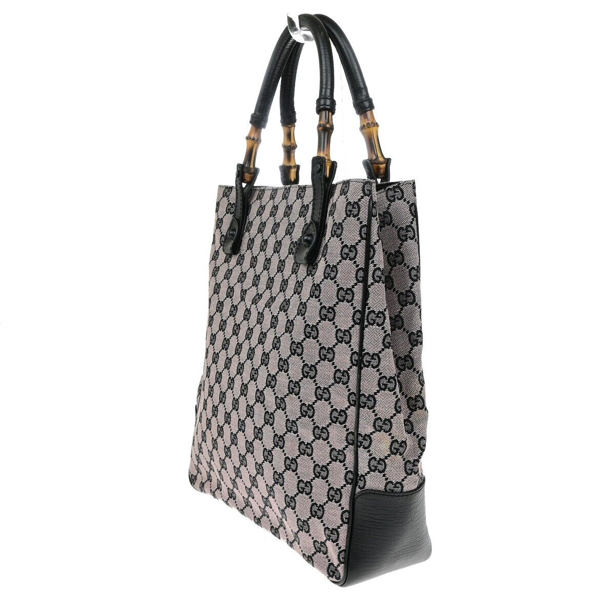 GUCCI Logo Bamboo GG Pattern Shoulder Bag Canvas Leather Pink Black 36EE063