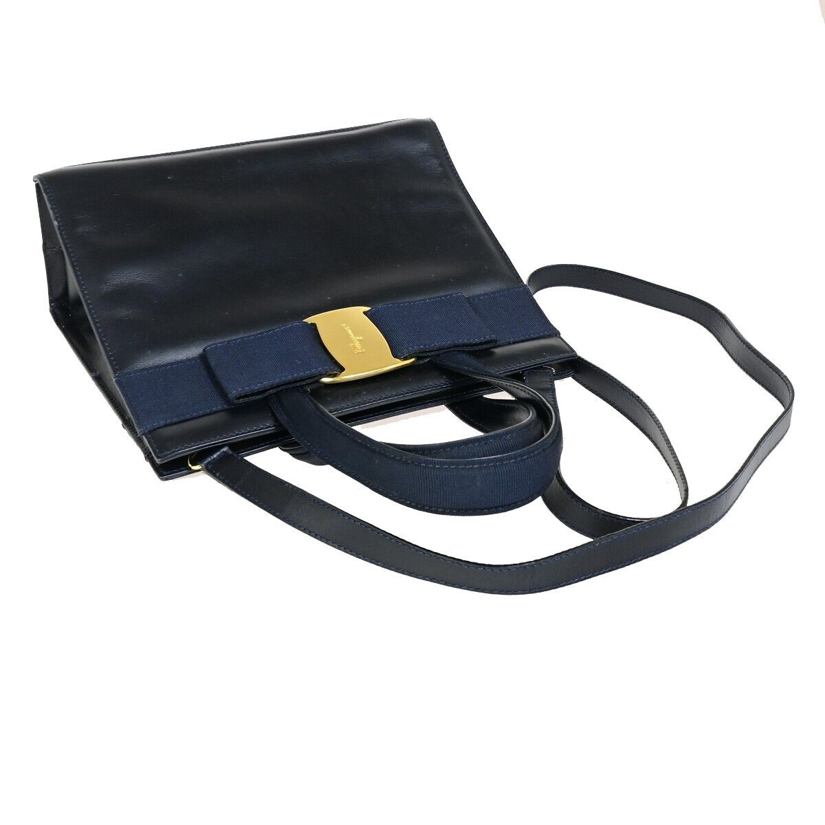 SALVATORE FERRAGAMO LOGO Vara 2Way Hand Bag Leather Canvas Navy Blue 65FA942