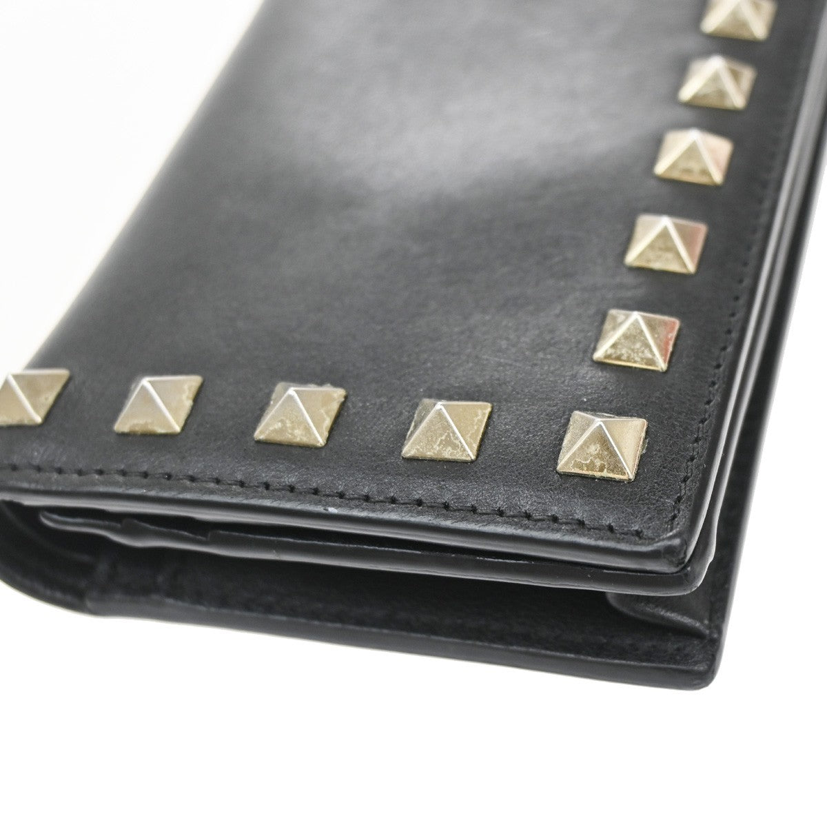 VALENTINO Logo Studs Compact Bifold Wallet Purse Leather Black GHW Italy 69KB160