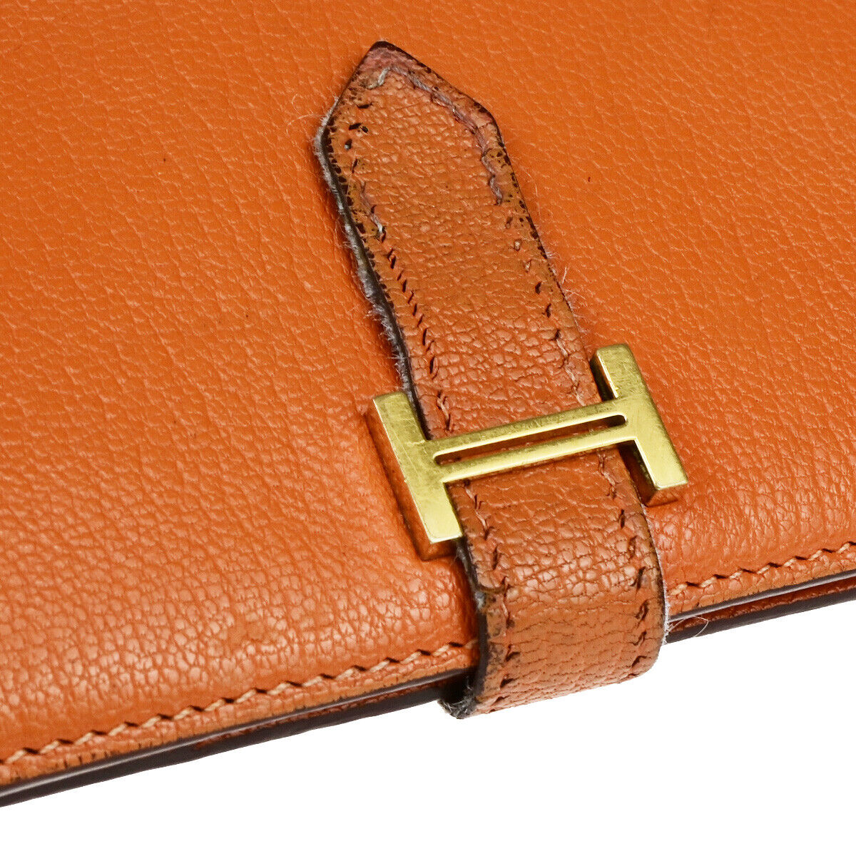 HERMES Bearn Long Bifold Wallet Chevre Mysore Goatskin Leather Orange 69YG766