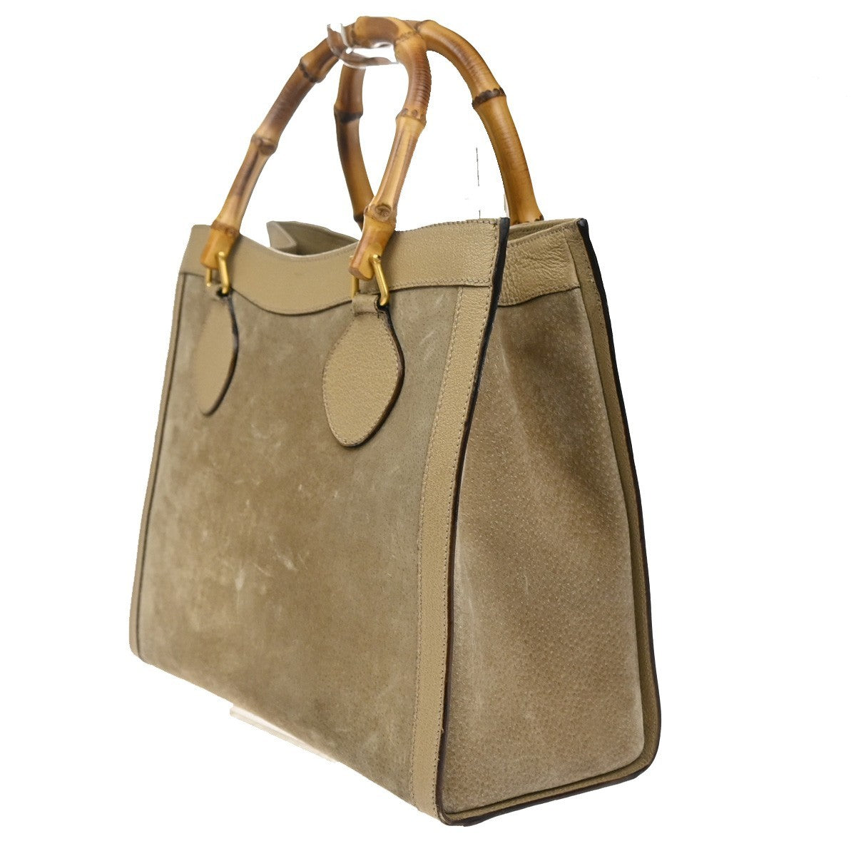 GUCCI Logo Bamboo Handle Tote Hand Bag Suede Leather Beige GHW Italy 38MA593
