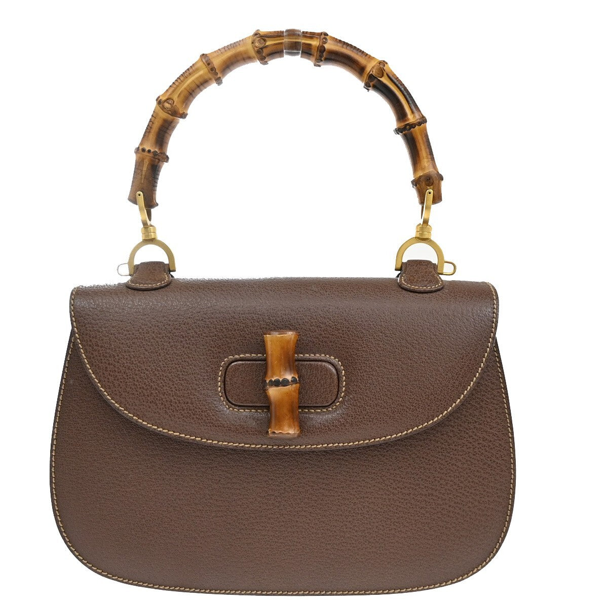 GUCCI Logo Bamboo Top Handle Hand Bag Leather Brown Gold Italy 52EE415