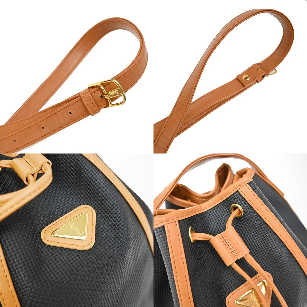 Saint Laurent YSL Logo Drawstring Shoulder Bag PVC Leather Navy Brown 38FC055