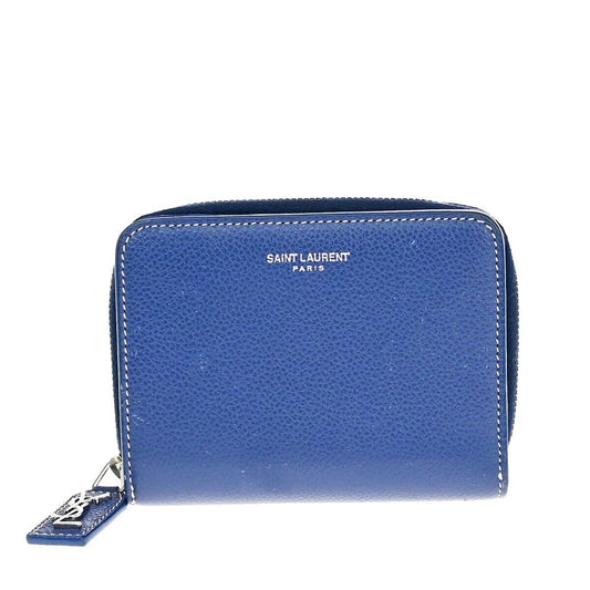 SAINT LAURENT Logo Bifold Wallet Purse Leather Blue SHW Made in Italy 65EB003
