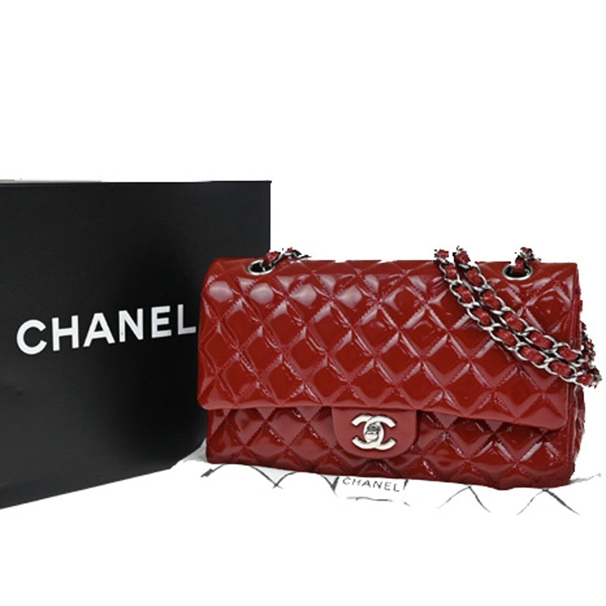 CHANEL Matelasse 25 Double Flap Chain Shoulder Bag Patent Leather Red 339RF259