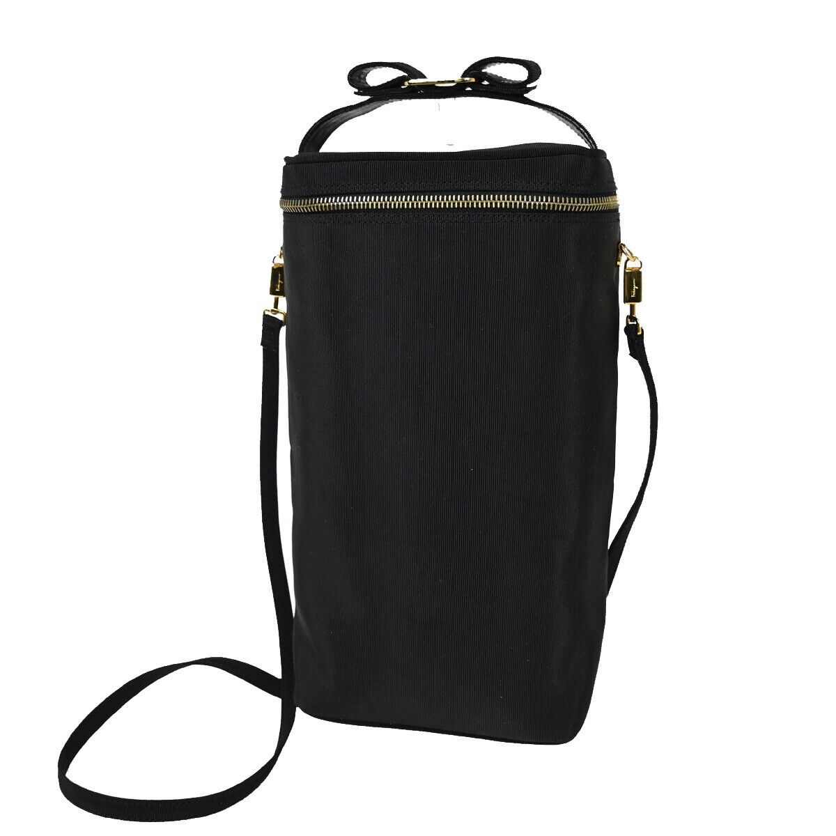 SALVATORE FERRAGAMO Vara Vanity Shoulder Bag Canvas Leather Black Gold 64SH581