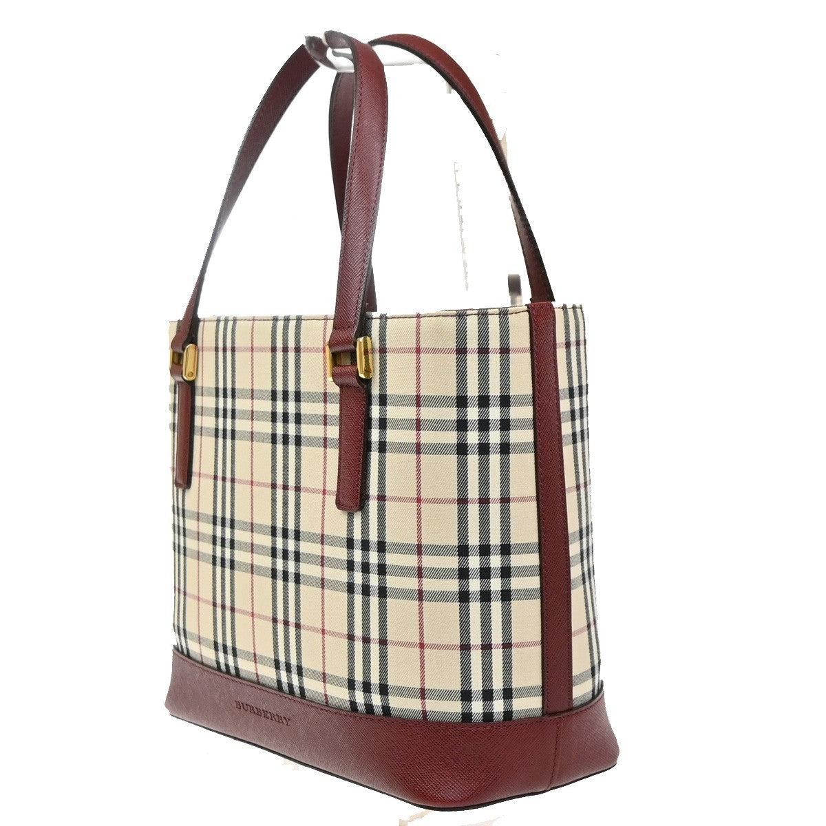 BURBERRY Logo Nova Check Hand Bag Canvas Leather Beige Red GHW 39RQ059
