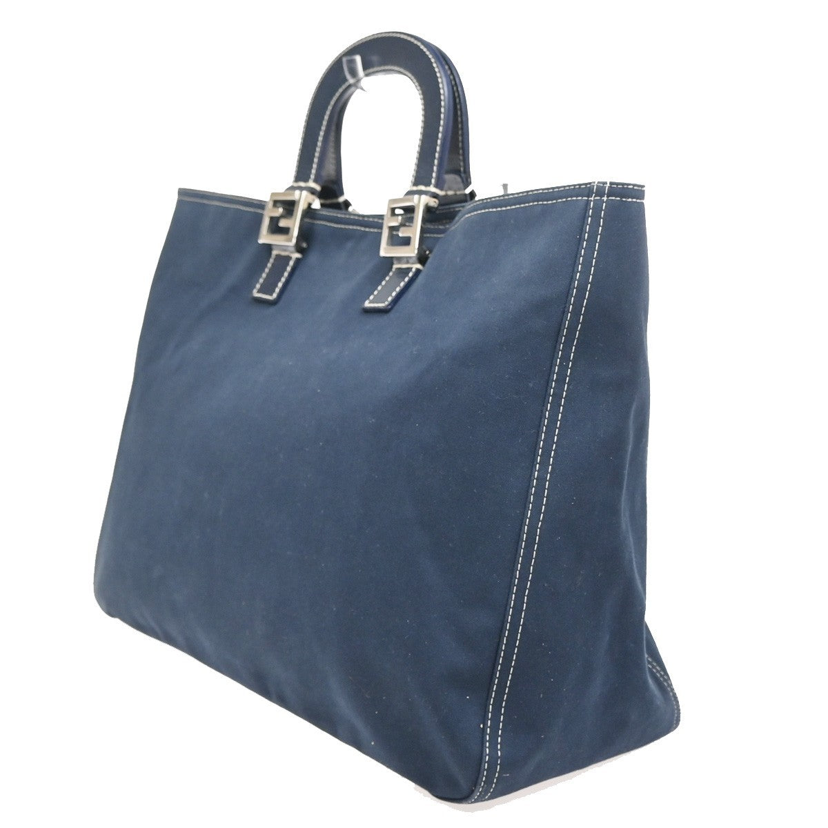 FENDI FF Logo Hand Bag Tote Bag Canvas Demin Leather Navy Blue Italy 78ZA127