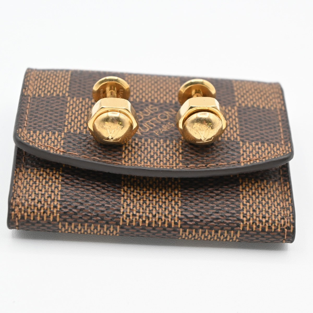 LOUIS VUITTON Cufflinks Bouton Set Case Damier Ebene Gold Italy M61030 61KC477