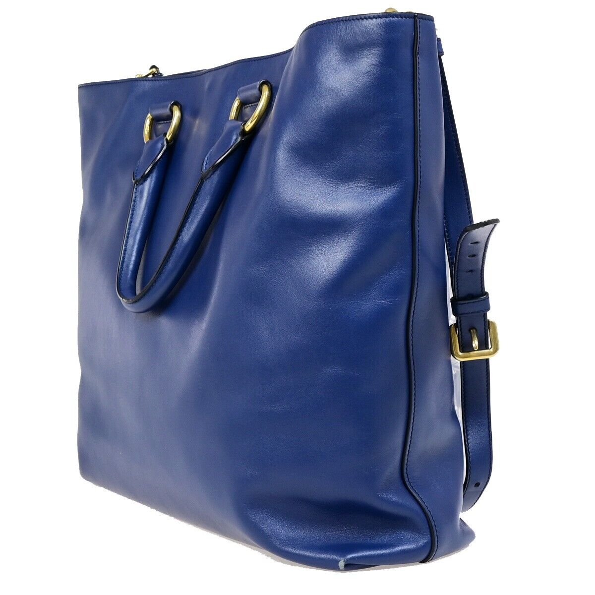 PRADA MILNO Logo 2Way Shoulder Tote Bag Leather Blue Gold-Plated 70EB366