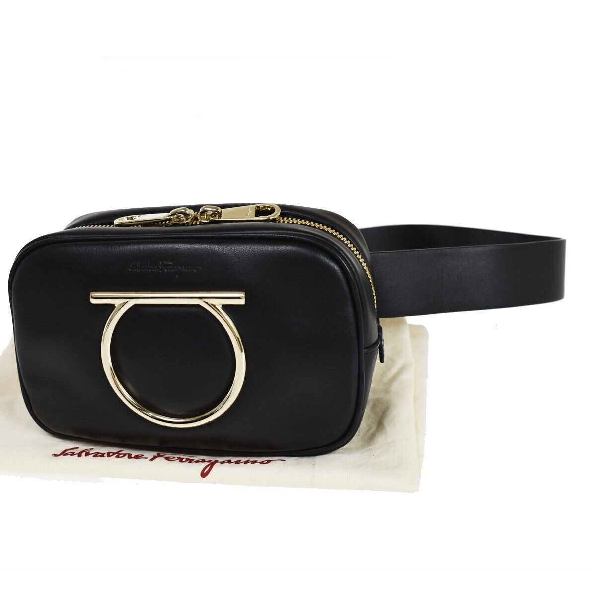 SALVATORE FERRAGAMO 2Way Chain Gancini Shoulder Bum Bag Leather Black 85RG050