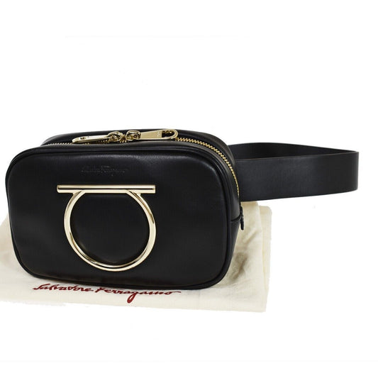 SALVATORE FERRAGAMO 2Way Chain Gancini Shoulder Bum Bag Leather Black 85RG050