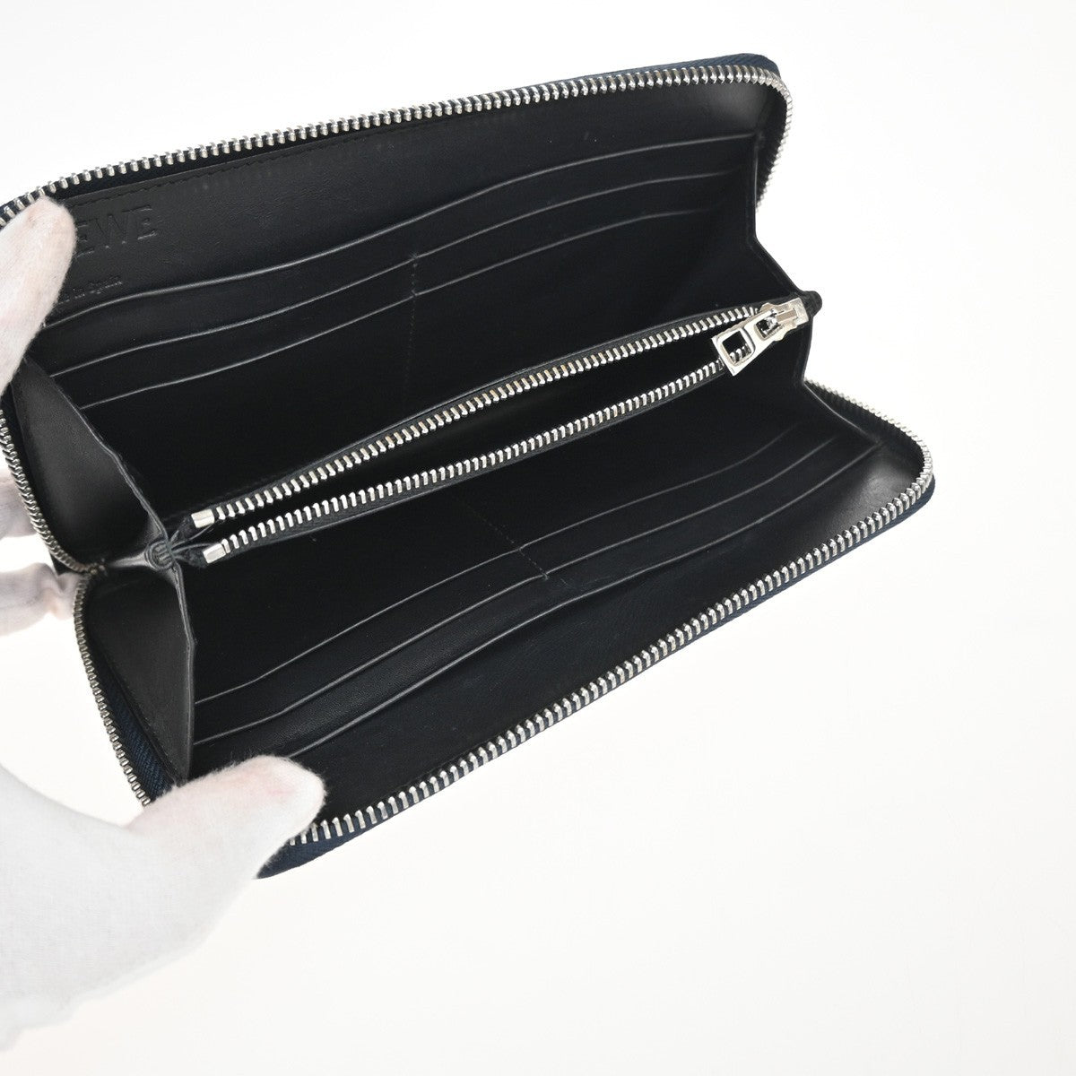 LOEWE Logo Anagram Repeat Long Zipper Wallet Embossed Leather Blue Navy 61KD063