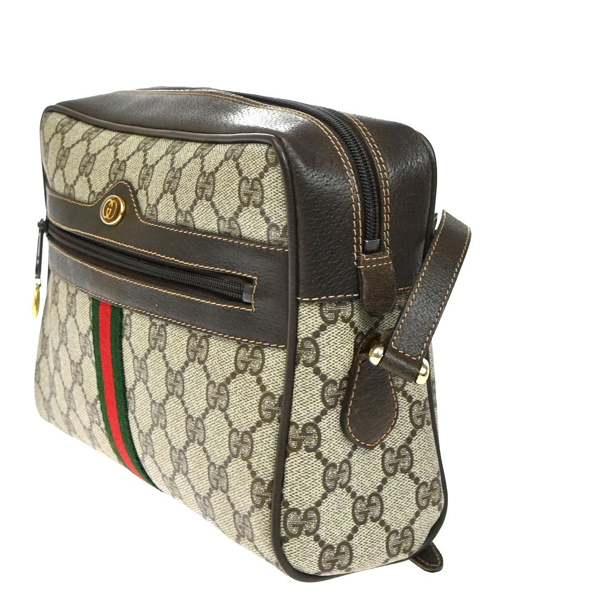 GUCCI Logo Web Sherry GG Pattern Shoulder Bag PVC Leather Brown Italy 64YJ169