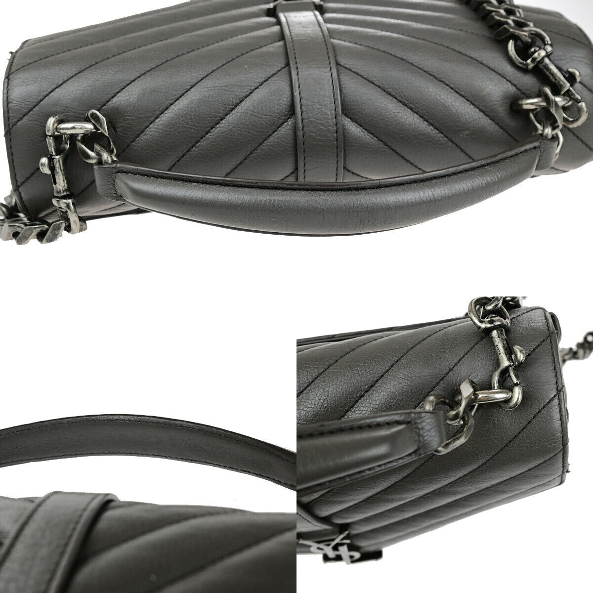 SAINT LAURENT College Medium Chain Shoulder Bag Quilted Leather Gray 667RK859