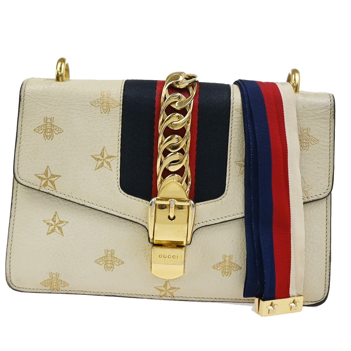 GUCCI Logo Bee Star Print Sylvie Shoulder Bag Leather Web Ribbon Ivory 71YJ087