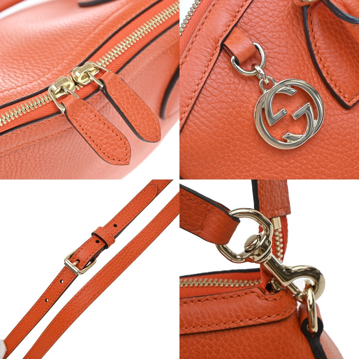GUCCI Logo Interlocking GG Charm 2Way Shoulder Hand Bag Leather Orange 90KP030