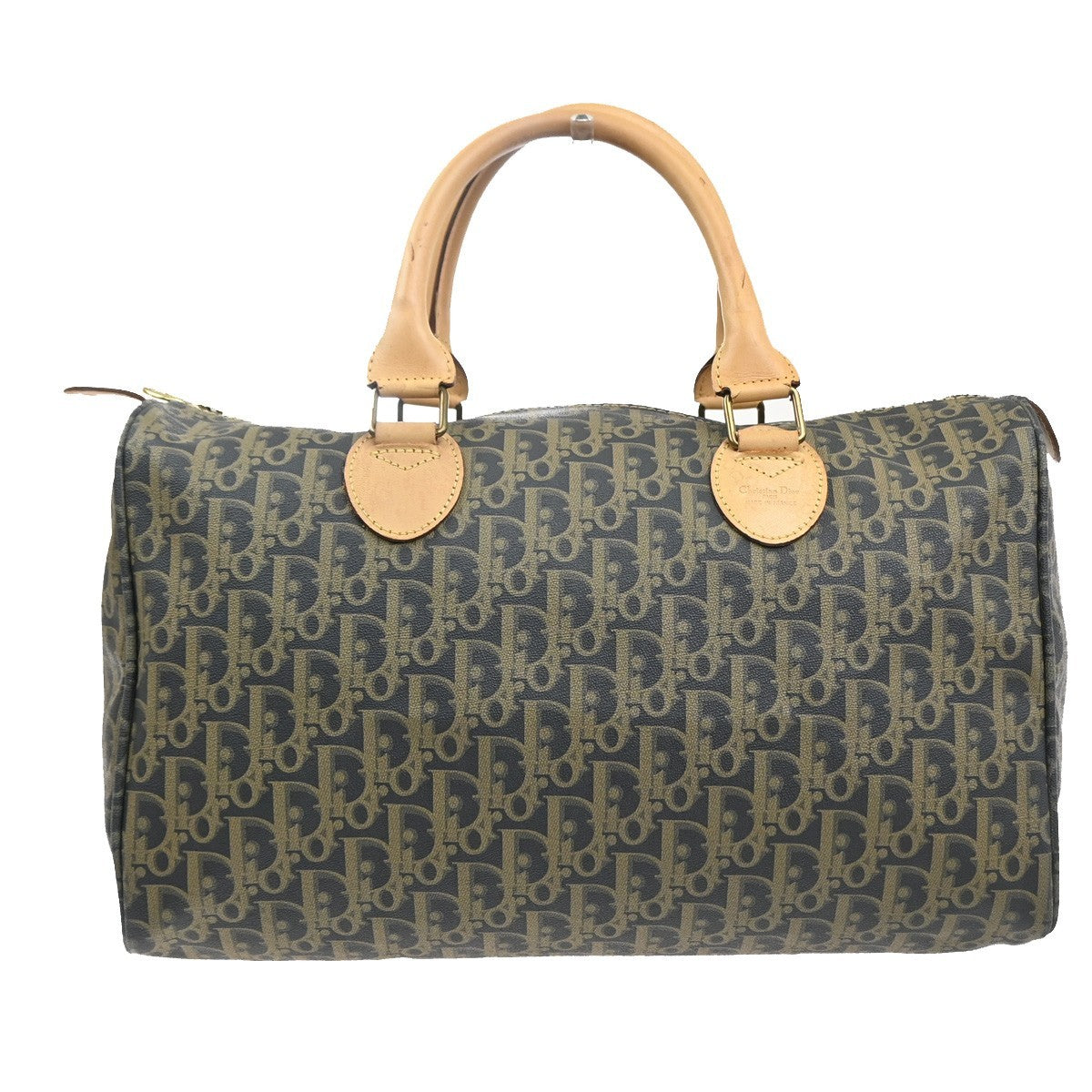 46.Live CHRISTIAN DIOR Trotter Boston Hand Bag PVC Leather Khaki BK 70MA499
