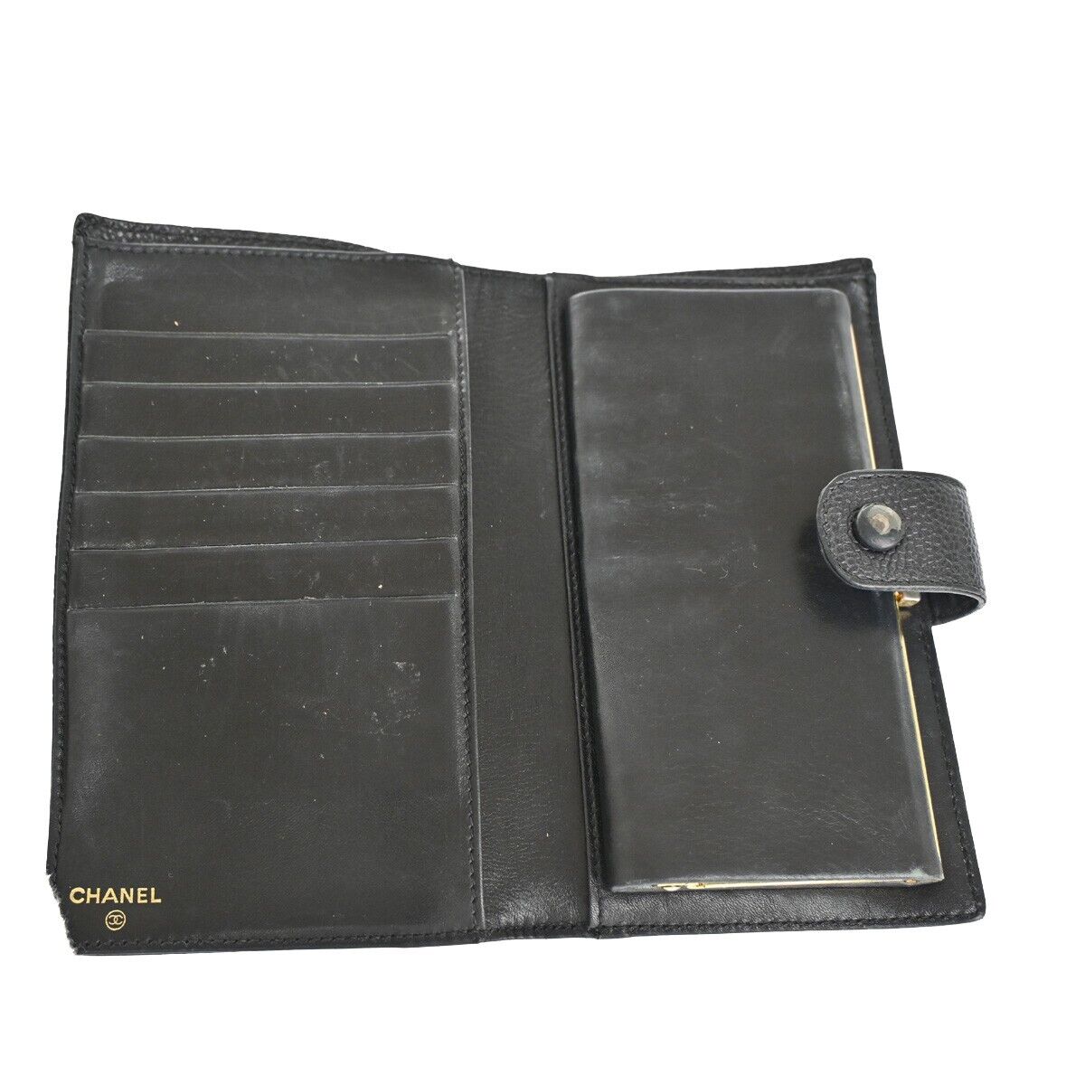 CHANEL CC Long Bifold Wallet Purse Caviar Skin Leather Black GHW Vintage 68YD942