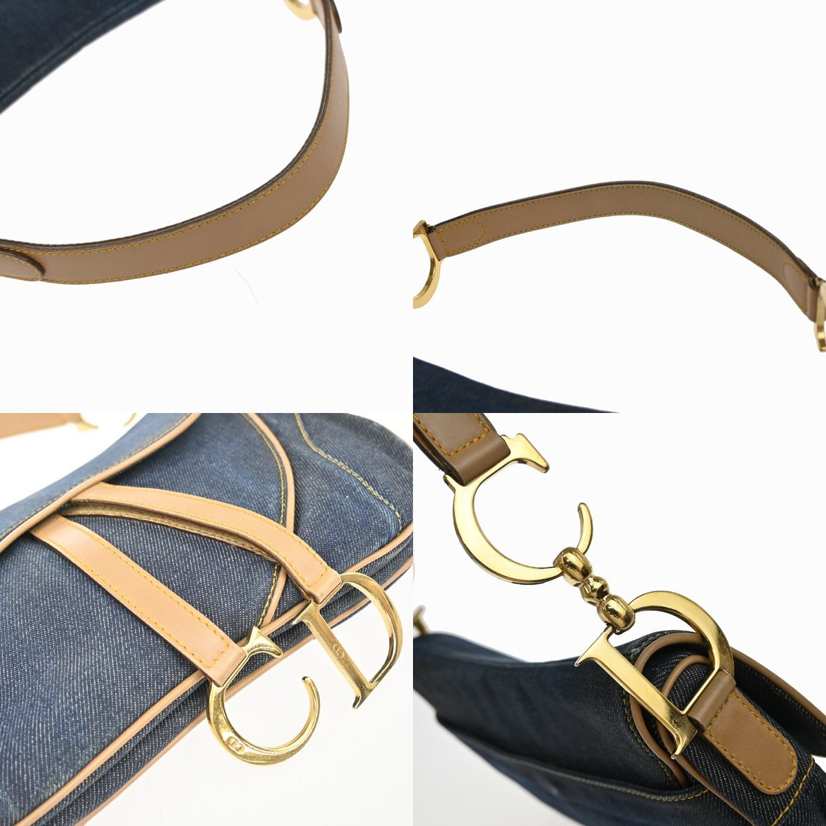 CHRISTIAN DIOR Double Saddle Denim Shoulder Bag Canvas Leather Blue 308RP166