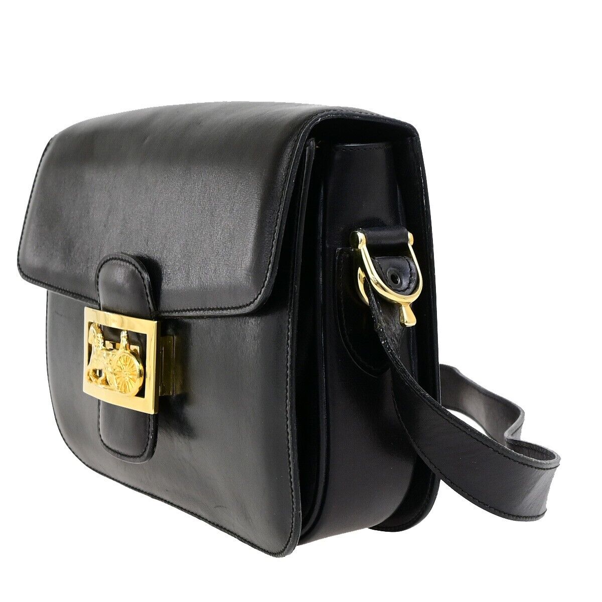 CELINE Logo Horse Carriage Shoulder Bag Leather Black GHW Italy 87EC982